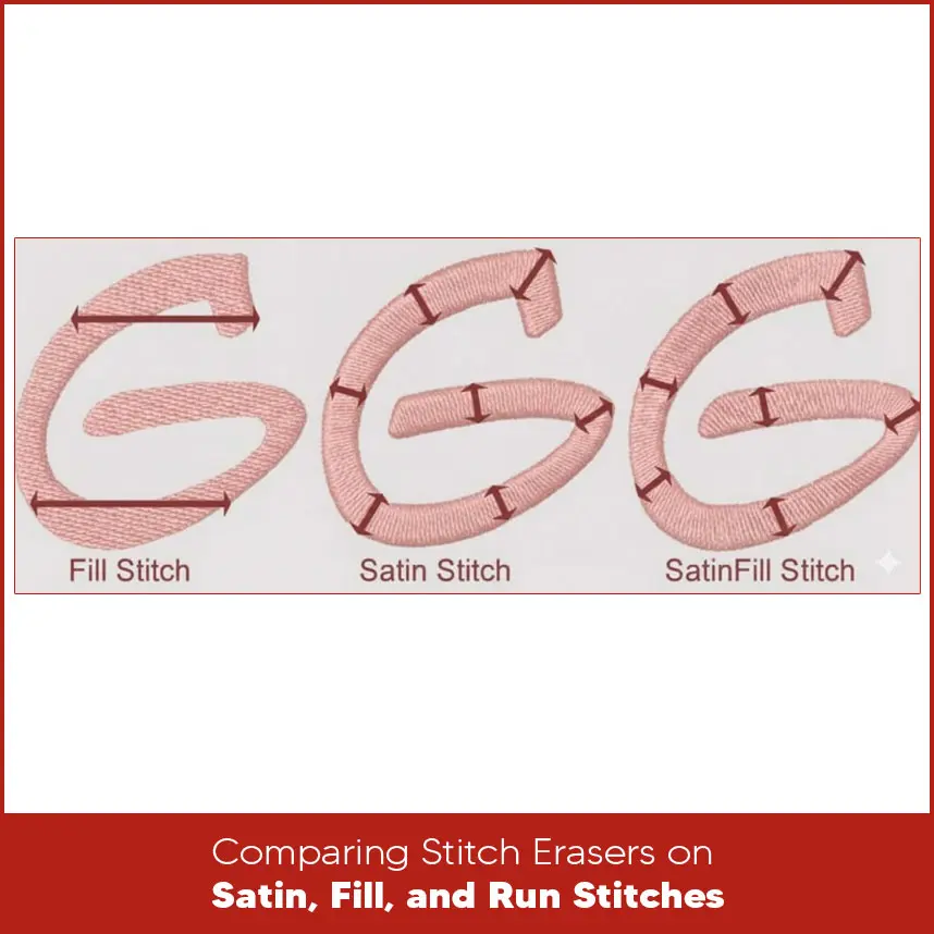 Comparing Stitch Erasers on Satin, Fill, and Run Stitches